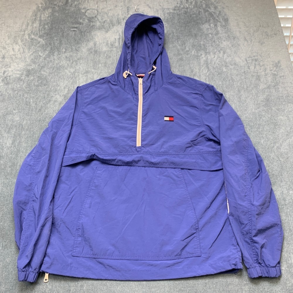Tommy Hilfiger Windbreaker Jacket Mens Medium Purple Vented Hooded Half Zip